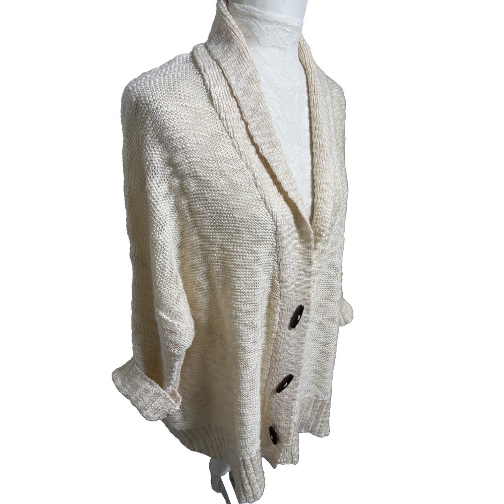 Oversized Toggle Button Knit Cardigan Sweater~Sz L~Ivory Shawl Collar 3/4 Sleeve